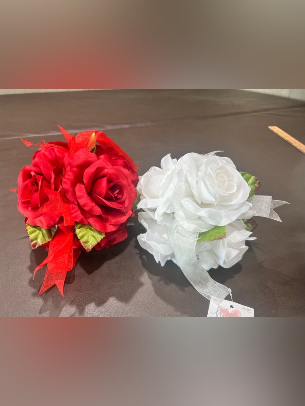 Hobby Lobby Red and White Satin Rose Pair with Green Leaf Accents